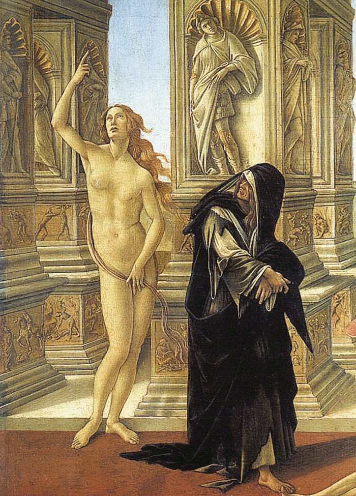 Apmelošana, fragments no Sandro Botičelli geznas Patiesība un Nožēla (1490-1495).  Šī patiesība ir viegli ievainojama un nobijusies, bet nožēlas klātbūtne uzskatāmi demonstrē, kāda izvēle ir patīkamāka: skaista, tīra un nevainīga patiesība vai atbaidoša un skrandaina vecene, kas grēkojušai dvēselei nedod mieru.