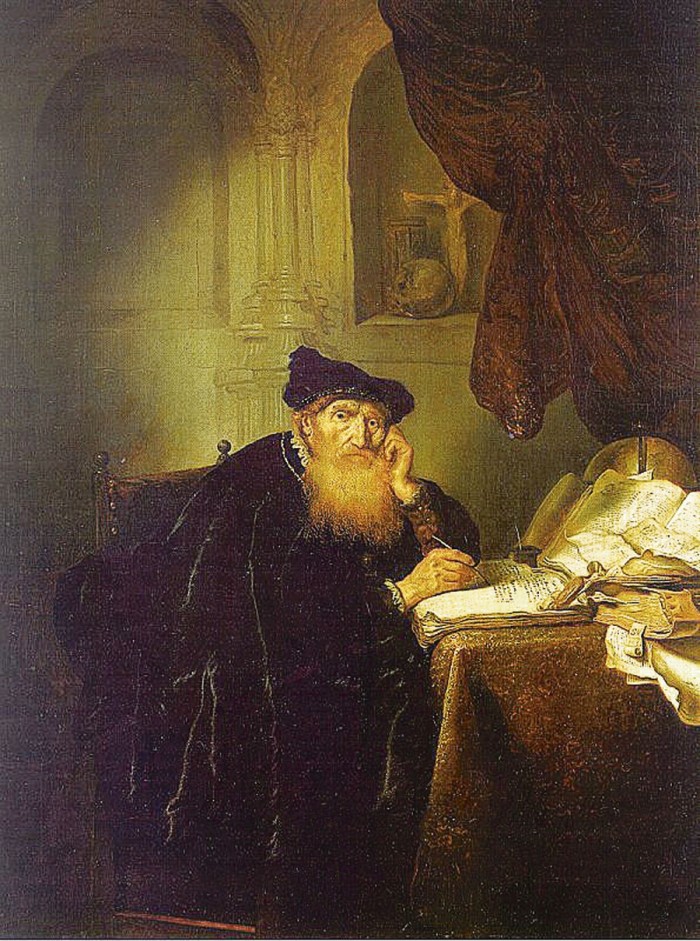 Ābrahams van der Hekens Filozofs (1635).  Šajā tēlā svarīgākais šķiet mazās, godīgās ačeles un nesteidzīga vienaldzība  pret paša uzrakstīto.