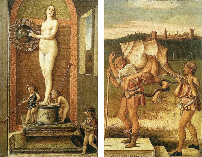 Džovanni Bellīni. Patiesība un meli (1490).  Līdzīgi Patiesībai arī tās pretstats parasti tiek attēlots kā sieviete — veca, neglīta un ārā metama. Šķiet, mākslinieki nekad nav ņēmuši vērā ikdienā lietotos priekšstatus par saldajiem meliem un skarbo, nepatīkamo patiesību.