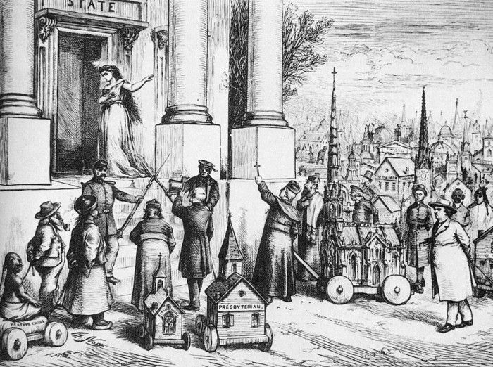 Valsts neatbalsta nevienu no reliģijām. Harper’s Weekly karikatūra. 1871. gads