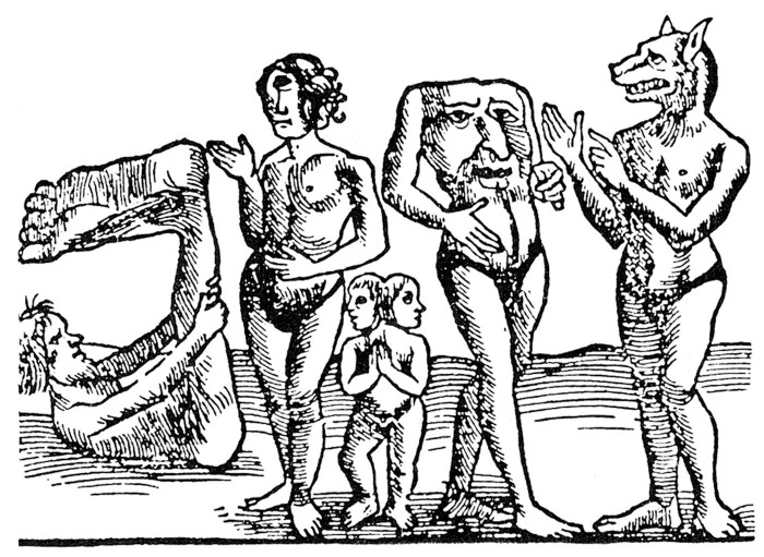 Āfrikas iedzīvotāji ar suņu galvām, vienacaini un attēloti visneiedomājamākajā veidā. Kreisais cenšas noslēpties pats savas gigantiskās pēdas ēnā (Gravīra no Sebastjana Minstera Universālās Kosmogrāfijas. Bāzele. 1544)