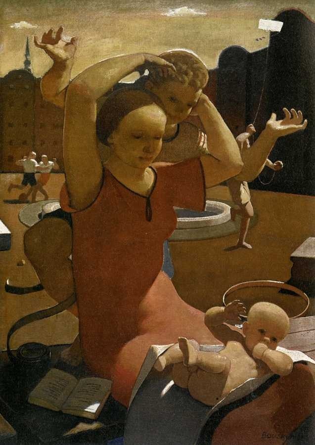 Pagalmā. 1938. Audekls, eļļa. 130 x 93 cm. Ģimenes īpašums. (Foto - Normunds Brasliņš)
