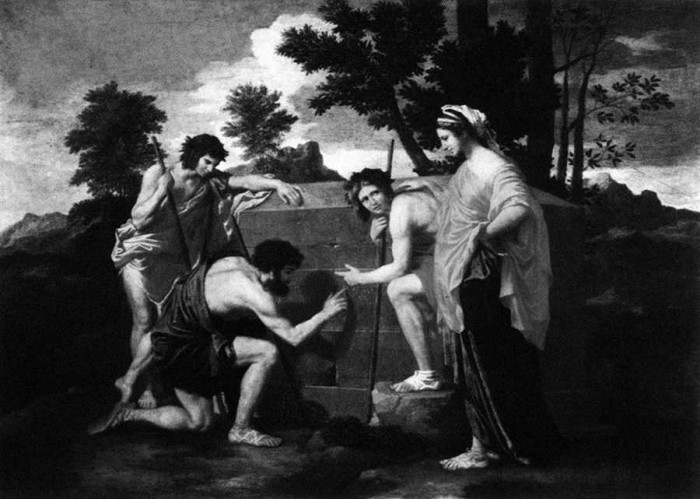 Nikolā Pusēns. “Et in Arcadia Ego”, audekls/eļļa,  1637–1639. Atsevišķi gleznas interpreti sievietē sazīmē traģēdijas mūzu, kas apstāv mākslas dzimšanu. Apvelkot kontūru ēnai, ko uz kapakmens met viens no ganiem, viņuprāt, atklātos veids, kā uzveikt nāvi Arkādijā.
