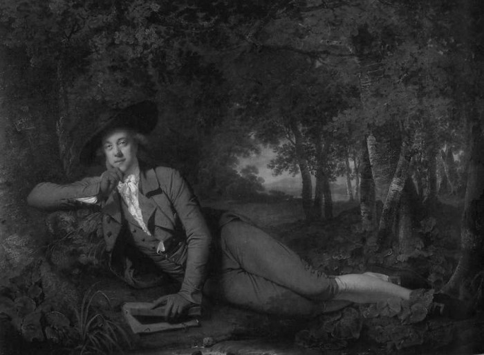 Jozefs Raits no Dārbi. “Sers Bruks Būtbijs”, audekls/eļļa, 1781  Tipiskā sentimentālisma virziena glezna veltīta portretējamā draudzībai ar Žanu Žaku Ruso, kura sarakstīto grāmatu lasīšanai nav labākas vietas kā pie dabas krūts, civilizācijas konvenciju žņaugos neiespiestā, “dabiskā” pozā un neformālā “laucinieka apģērbā“.