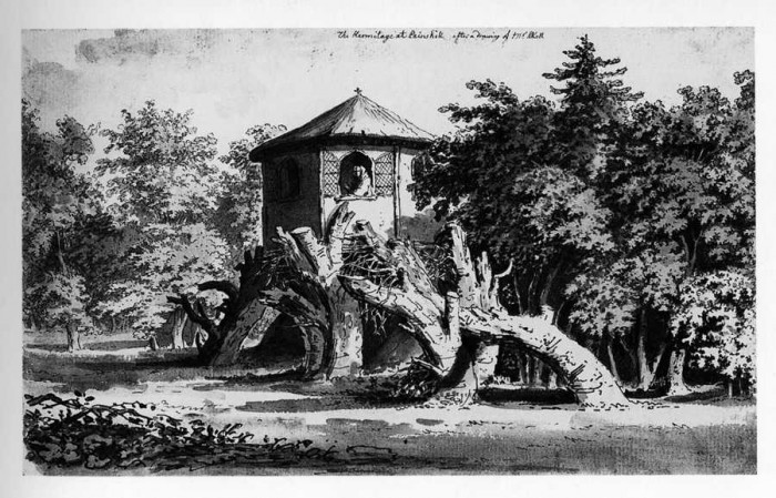 Frīdrihs Ludvigs Škells. “Ermitāža Peinshilas muižas dārzā”, tušas zīmējums, pirms 1776.  Čārlzs Hamiltons sava ainavu dārza ermitāžai bija nolīdzis labi atalgotu vientuļnieku. Līgums paredzēja septiņus gadus nesazināties ar ārpasauli, neapgriezt matus un nagus, neskūties. Otrajā nedēļā eremīts tika pieķerts blakus ciemata krodziņā ar alus kausu rokā un darbu zaudēja.