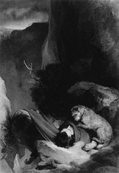 Edvīns Landsīrs. “Pieķeršanās”, audekls/eļļa, 1829. Grūsnā kucīte, kuras uzticība bojā gājušajam saimniekam iedvesmoja daudzu mākslas darbu tapšanu, pēc vietējo ganu domām, kalnos varēja izdzīvot  trīs mēnešus un pat laist pasaulē kucēnus vienīgi tādēļ, ka palēnām bija notiesājusi saimnieka mirstīgās atliekas.