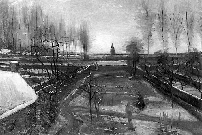 Mācītāja mājas dārzs Nīenenā sniegā. 1885