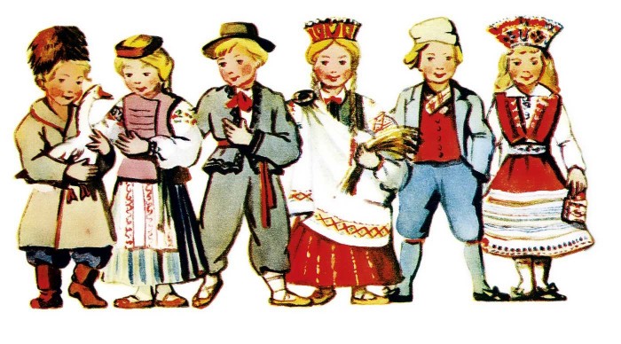 Lietuviešu, latviešu un igauņu (no kreisās uz labo) shematisks attēlojums. R. Ziemeļa zīmējums PSRS tautu kostīmi