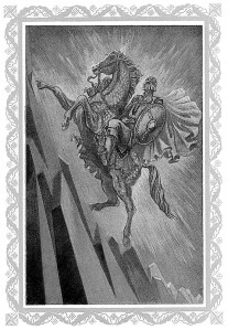 Latviešu karavīra un debesu kalna jājēja Jāņa arhetipiskais attēlojums ilustrācijā Raiņa lugai Zelta zirgs, mākslinieks Ģirts Vilks