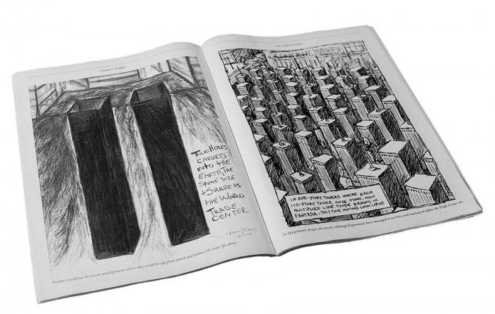 Žurnāls The New Yorker: amerikāņu mākslinieku skices Manhatanas torņu piemiņas vietai. Nensijas Rubinsas “Divas zemē izraktas bedres. Bedru apjomi un forma tādi paši kā bijušajam Pasaules tirdzniecības centram.“ Arta Spīgelmena “Vietā, kur kādreiz slējās abi 110 stāvus augstie debesskrāpji, 110 vienstāvīgi torņi savairojušies kā slotas multiplikācijas filmā Fantasia... Šoreiz cilvēki augumā pārsniedz ēkas.” (Foto - Kaspars Goba)