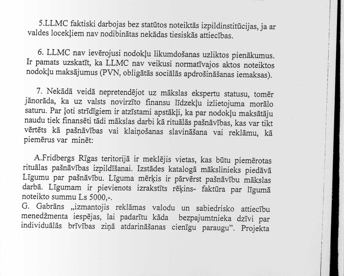 Fragments no 2003.gada 9. aprīļa VK ziņojuma par BO SIA Latvijas laikmetīgās mākslas centra darbības, likumības un lietderības pārbaudi