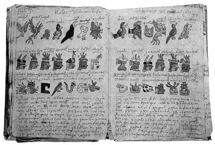 1554. gada rokraksts, kurā acteku zīmējumi tiek skaidroti spāņu valodā (No Manuela Galiča grāmatas "Pirmskolumba civilizāciju vēsture", Misļ, 1990)