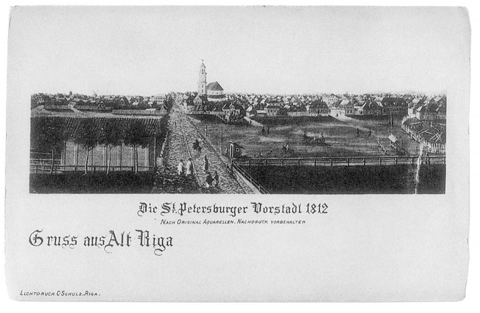 Pēterburgas priekšpilsēta 1812. gadā. Pretī Lielā Smilšu iela (tagadējā Brīvības iela) un pēdējā Svētās Ģertrūdes baznīca šajā vietā. 20. gadsimta sākuma pastkarte (No grāmatas “Rīga 20. gadsimta sākuma pastkartēs”