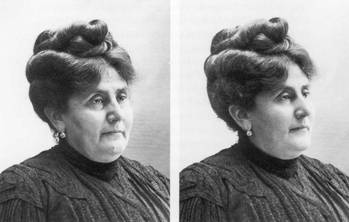 Prusta māte, Žanna Klemansa, dzimusi Veila, 1904. gada 5. decembrī. Pa kreisi – neretušēta, pa labi – retušēta fotogrāfija.  “Dienā, kad viņa devās uz Evianu, viņa gan gribēja, gan negribēja fotografēties – gan vēlētos atstāt pēdējo fotogrāfiju, gan baidoties, ka izskatīsies tajā bēdīga.”  No Marsela Prusta vēstules Katusas kundzei 1910. gada septembrī. Labi zināma ir Prusta aizraušanās ar fotogrāfiju pētīšanu un kolekcionēšanu. Pastāv pieņēmumi, ka fotogrāfijas, uz kurām bija redzamas viņa aristokrātiskās paziņas, viņš mēdza ņemt līdzi uz vīriešu bordeli, kur prostitūtām bija zināms, ka uz šīm fotogrāfijām jāspļauj; tā viņi, uzspļāvuši princeses K. fotogrāfijai, jautāja: “Kas ir šī mauka?” Pēc nepārbaudāmām liecībām, līdzīgi Prusts rīkojies arī ar savas mātes fotogrāfiju.