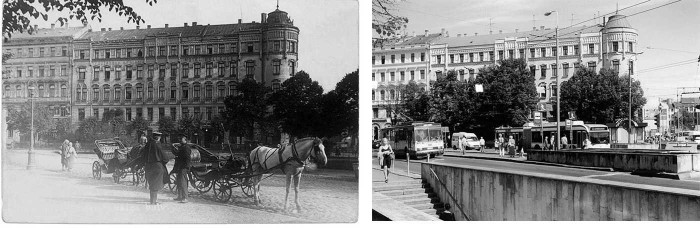 Rīga, Raiņa bulvāris pie stacijas: agrāk un tagad (Foto no Māra Loca kolekcijas)