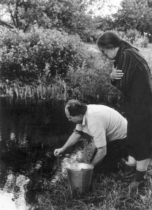 Vizma Belševica un Zigurds Elsbergs ielaiž Kliģēnu dīķī Jura Krieviņa atvestās karūsiņas, Piebalgā 70. gadu vidū  (Foto - Juris Krieviņš)