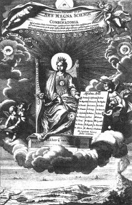 Priekšlapa Atanasija Kirhera Ars Magna Sciendi (Lielā zināšanu māksla), 1669. Augšpusē, zem Dievs acs, atritināts tīstoklis ar piecpadsmit zīmogiem, katrs no tiem nosauc mācību disciplīnu. Gudrība sēž savā tronī, turot plāksni ar divdesmit septiņiem simboliem, kas Kirhera sistēmā izteica katru domas aspektu. Uz troņa pamatnes grieķu uzraksts:  “Nav nekā brīnišķīgāka, kā zināt visu.”
