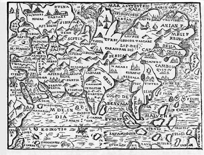 Džuzepes Rozačo karte no grāmatas Il mondo e suoi parti (Pasaule un tās daļas), kokgrebums, Florence, 1595