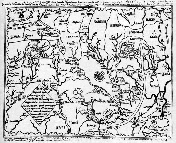 Pjotra Godunova un Semjona Remezova Sibīrijas karte, zīmējums, 1667.