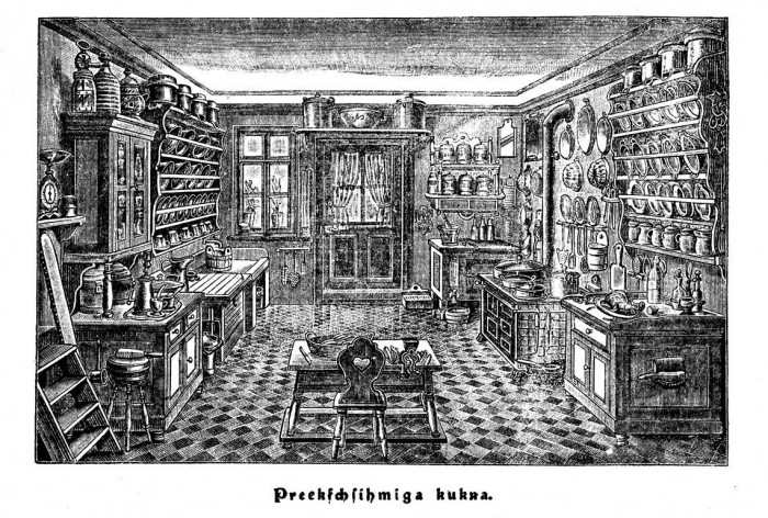 Labi iekārtota virtuve (No Marras Kortas "Praktiskās pavāru grāmatas", 1894)