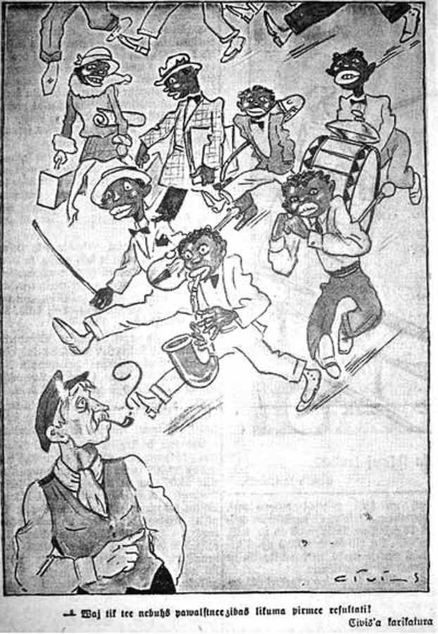 Mēnesi pēc Happy's Broadway Rīgā koncertēt ieradās melnādainie operdziedātāji. Sergeja Civja-Civinska karikatūra. Pēdējē Brīdī, 1927
