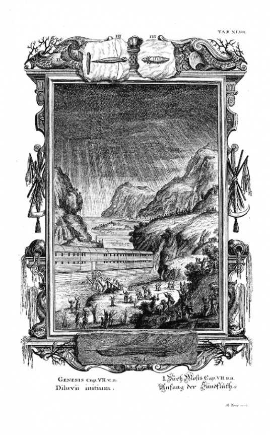 Sākas Grēku plūdi, ne visiem pieticis vietas uz Noasa šķirsta. Ilustrācija no Johanna Jākoba Šeihcera