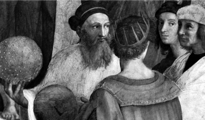 Fragments ar figūrām (no kreisās uz labo): Zoroastrs (2. tūkstošgades vidus/beigas p.m.ē., strīdīga interpretācija) ar zvaigžņu globusu, Ptolemajs (ap 90–ap 170) ar kroni galvā un muguru pret skatītāju, rokās Zemes globuss, Rafaēls un viņa draugs un mentors Perudžīno (ap 1450–1523, strīdīga interpretācija)