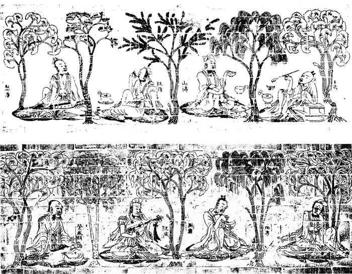 Bambusu birzs, septiņi gudrie un Žuns Cjicji. Kapu flīžu gleznojums, ap 5. - 6. gs.